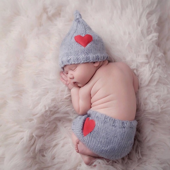 Other - Newborn Baby Hand Knit Bluish Gray Outfit with Red Heart Photography Prop